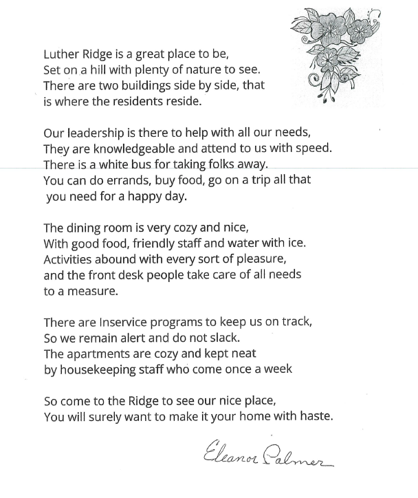 Luther Ridge written testimonial from Eleanor Palmer